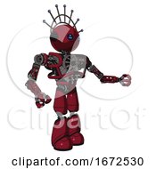 Poster, Art Print Of Robot Containing Oval Wide Head And Blue Led Eyes And Techno Halo Ornament And Heavy Upper Chest And No Chest Plating And Light Leg Exoshielding Fire Engine Red Halftone Interacting