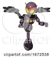 Poster, Art Print Of Automaton Containing Grey Alien Style Head And Yellow Eyes And Light Chest Exoshielding And Yellow Chest Lights And Minigun Back Assembly And Unicycle Wheel Lilac Metal Fight Or Defense Pose