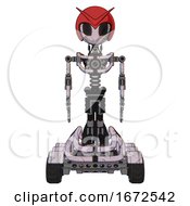 Poster, Art Print Of Droid Containing Grey Alien Style Head And Black Eyes And Red V And Red Helmet And Light Chest Exoshielding And No Chest Plating And Six-Wheeler Base Sketch Pad Doodle Lines Front View