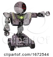 Poster, Art Print Of Automaton Containing Three Led Eyes Round Head And Heavy Upper Chest And Heavy Mech Chest And Green Energy Core And Six-Wheeler Base Dark Sketchy Pointing Left Or Pushing A Button