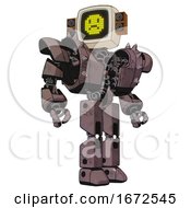 Poster, Art Print Of Robot Containing Old Computer Monitor And Yellow Sad Pixel Face And Old Retro Speakers And Heavy Upper Chest And Heavy Mech Chest And Shoulder Spikes And Prototype Exoplate Legs Dusty Rose Red Metal