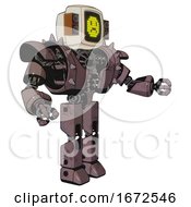 Poster, Art Print Of Robot Containing Old Computer Monitor And Yellow Sad Pixel Face And Old Retro Speakers And Heavy Upper Chest And Heavy Mech Chest And Shoulder Spikes And Prototype Exoplate Legs Dusty Rose Red Metal
