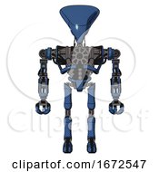 Poster, Art Print Of Droid Containing Flat Elongated Skull Head And Heavy Upper Chest And No Chest Plating And Ultralight Foot Exosuit Blue Halftone Front View