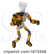 Poster, Art Print Of Android Containing Humanoid Face Mask And Light Chest Exoshielding And Blue Energy Core And Ultralight Foot Exosuit Worn Construction Yellow Fight Or Defense Pose