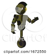 Poster, Art Print Of Droid Containing Oval Wide Head And Sunshine Patch Eye And Techno Mohawk And Light Chest Exoshielding And Prototype Exoplate Chest And Unicycle Wheel Army Green Halftone Interacting