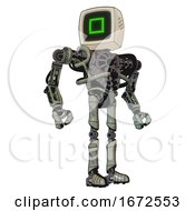 Poster, Art Print Of Mech Containing Old Computer Monitor And Pixel Square Design And Heavy Upper Chest And No Chest Plating And Ultralight Foot Exosuit Green Metal Hero Pose