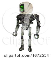 Poster, Art Print Of Mech Containing Old Computer Monitor And Pixel Square Design And Heavy Upper Chest And No Chest Plating And Ultralight Foot Exosuit Green Metal Standing Looking Right Restful Pose