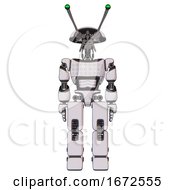 Droid Containing Dual Retro Camera Head And Shrimp Head And Light Chest Exoshielding And Chest Green Blue Lights Array And Prototype Exoplate Legs White Halftone Toon Front View