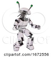 Poster, Art Print Of Droid Containing Dual Retro Camera Head And Shrimp Head And Light Chest Exoshielding And Chest Green Blue Lights Array And Prototype Exoplate Legs White Halftone Toon Fight Or Defense Pose