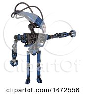 Android Containing Flat Elongated Skull Head And Cables And Heavy Upper Chest And No Chest Plating And Ultralight Foot Exosuit Blue Halftone Pointing Left Or Pushing A Button