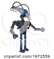 Poster, Art Print Of Android Containing Flat Elongated Skull Head And Cables And Heavy Upper Chest And No Chest Plating And Ultralight Foot Exosuit Blue Halftone Interacting