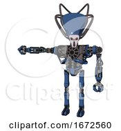 Poster, Art Print Of Android Containing Flat Elongated Skull Head And Cables And Heavy Upper Chest And No Chest Plating And Ultralight Foot Exosuit Blue Halftone Arm Out Holding Invisible Object