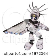 Poster, Art Print Of Android Containing Grey Alien Style Head And Electric Eyes And Eyeball Creature Crown And Light Chest Exoshielding And Rubber Chain Sash And Cherub Wings Design And Light Leg Exoshielding