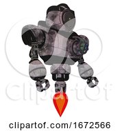 Poster, Art Print Of Automaton Containing Green Dot Eye Corn Row Plastic Hair And Heavy Upper Chest And Chest Energy Gun And Jet Propulsion Sketch Pad Cloudy Smudges Facing Left View