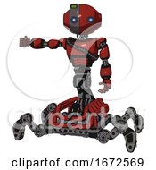 Mech Containing Oval Wide Head And Telescopic Steampunk Eyes And Green Led Ornament And Light Chest Exoshielding And Rubber Chain Sash And Insect Walker Legs Cherry Tomato Red