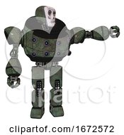 Poster, Art Print Of Bot Containing Humanoid Face Mask And Skeleton War Paint And Heavy Upper Chest And Chest Energy Sockets And Prototype Exoplate Legs Old Corroded Copper Pointing Left Or Pushing A Button