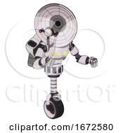 Poster, Art Print Of Robot Containing Dual Retro Camera Head And Satellite Dish Head And Light Chest Exoshielding And Yellow Chest Lights And Rocket Pack And Unicycle Wheel White Halftone Toon Fight Or Defense Pose