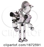 Poster, Art Print Of Bot Containing Dual Retro Camera Head And Satellite Dish Head And Heavy Upper Chest And Heavy Mech Chest And Shoulder Spikes And Ultralight Foot Exosuit White Halftone Toon Facing Left View