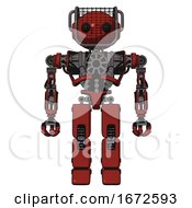 Poster, Art Print Of Bot Containing Oval Wide Head And Beady Black Eyes And Barbed Wire Visor Helmet And Heavy Upper Chest And No Chest Plating And Prototype Exoplate Legs Cherry Tomato Red Front View