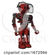Poster, Art Print Of Bot Containing Oval Wide Head And Beady Black Eyes And Barbed Wire Visor Helmet And Heavy Upper Chest And No Chest Plating And Prototype Exoplate Legs Cherry Tomato Red Facing Left View