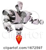 Poster, Art Print Of Mech Containing Humanoid Face Mask And Spiral Design And Heavy Upper Chest And Heavy Mech Chest And Jet Propulsion White Halftone Toon Interacting