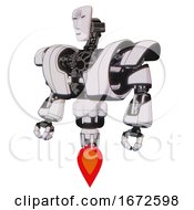 Poster, Art Print Of Mech Containing Humanoid Face Mask And Spiral Design And Heavy Upper Chest And Heavy Mech Chest And Jet Propulsion White Halftone Toon Standing Looking Right Restful Pose