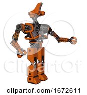 Poster, Art Print Of Android Containing Dual Retro Camera Head And Reversed Fin Head And Heavy Upper Chest And No Chest Plating And Prototype Exoplate Legs Secondary Orange Halftone Interacting