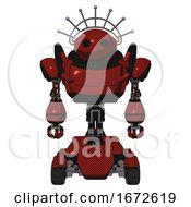 Poster, Art Print Of Bot Containing Oval Wide Head And Techno Halo Ornament And Heavy Upper Chest And Six-Wheeler Base Matted Red Front View