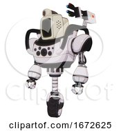 Poster, Art Print Of Droid Containing Old Computer Monitor And Retro-Futuristic Webcam And Heavy Upper Chest And Chest Compound Eyes And Unicycle Wheel White Halftone Toon Standing Looking Right Restful Pose