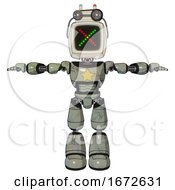 Poster, Art Print Of Bot Containing Old Computer Monitor And Colored X Display And Old Computer Magnetic Tape And Light Chest Exoshielding And Yellow Star And Light Leg Exoshielding Green Metal T-Pose