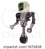 Poster, Art Print Of Droid Containing Old Computer Monitor And Stunned Pixels Face And Red Buttons And Heavy Upper Chest And No Chest Plating And Unicycle Wheel Grayish Pink Facing Right View