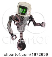 Poster, Art Print Of Droid Containing Old Computer Monitor And Stunned Pixels Face And Red Buttons And Heavy Upper Chest And No Chest Plating And Unicycle Wheel Grayish Pink Fight Or Defense Pose