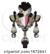 Poster, Art Print Of Bot Containing Bird Skull Head And Red Line Eyes And Crow Feather Design And Heavy Upper Chest And Red Shield Defense Design And Unicycle Wheel Grungy Fiberglass Front View