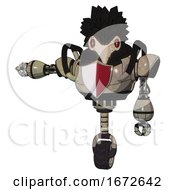 Poster, Art Print Of Bot Containing Bird Skull Head And Red Line Eyes And Crow Feather Design And Heavy Upper Chest And Red Shield Defense Design And Unicycle Wheel Grungy Fiberglass Arm Out Holding Invisible Object