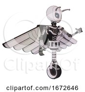 Poster, Art Print Of Mech Containing Grey Alien Style Head And Electric Eyes And Bug Antennas And Light Chest Exoshielding And Pilots Wings Assembly And No Chest Plating And Unicycle Wheel White Halftone Toon