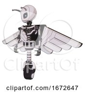 Poster, Art Print Of Mech Containing Grey Alien Style Head And Electric Eyes And Bug Antennas And Light Chest Exoshielding And Pilots Wings Assembly And No Chest Plating And Unicycle Wheel White Halftone Toon