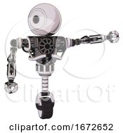 Poster, Art Print Of Automaton Containing Round Head And Heavy Upper Chest And No Chest Plating And Unicycle Wheel White Halftone Toon Pointing Left Or Pushing A Button