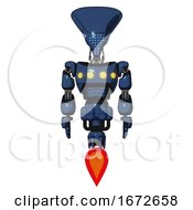 Robot Containing Flat Elongated Skull Head And Light Chest Exoshielding And Yellow Chest Lights And Jet Propulsion Dark Blue Halftone Front View