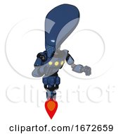 Poster, Art Print Of Robot Containing Flat Elongated Skull Head And Light Chest Exoshielding And Yellow Chest Lights And Jet Propulsion Dark Blue Halftone Fight Or Defense Pose