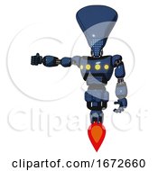 Poster, Art Print Of Robot Containing Flat Elongated Skull Head And Light Chest Exoshielding And Yellow Chest Lights And Jet Propulsion Dark Blue Halftone Arm Out Holding Invisible Object