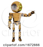 Poster, Art Print Of Droid Containing Round Head And Green Eyes Array And Light Chest Exoshielding And Prototype Exoplate Chest And Ultralight Foot Exosuit Construction Yellow Halftone