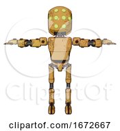 Poster, Art Print Of Droid Containing Round Head And Green Eyes Array And Light Chest Exoshielding And Prototype Exoplate Chest And Ultralight Foot Exosuit Construction Yellow Halftone T-Pose
