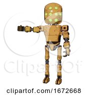 Poster, Art Print Of Droid Containing Round Head And Green Eyes Array And Light Chest Exoshielding And Prototype Exoplate Chest And Ultralight Foot Exosuit Construction Yellow Halftone Arm Out Holding Invisible Object