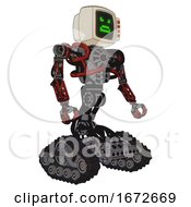 Poster, Art Print Of Android Containing Old Computer Monitor And Angry Pixels Face And Red Buttons And Heavy Upper Chest And No Chest Plating And Tank Tracks Grunge Dots Cherry Tomato Red Facing Left View