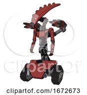 Mech Containing Flat Elongated Skull Head And Light Chest Exoshielding And Ultralight Chest Exosuit And Minigun Back Assembly And Tank Tracks Light Brick Red Standing Looking Right Restful Pose