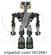 Poster, Art Print Of Robot Containing Bird Skull Head And Brass Steampunk Eyes And Head Shield Design And Heavy Upper Chest And No Chest Plating And Light Leg Exoshielding Old Corroded Copper Front View