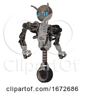 Poster, Art Print Of Droid Containing Grey Alien Style Head And Blue Grate Eyes And Bug Antennas And Heavy Upper Chest And No Chest Plating And Unicycle Wheel Patent Khaki Metal Hero Pose