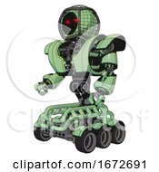 Poster, Art Print Of Cyborg Containing Round Barbed Wire Round Head And Heavy Upper Chest And Heavy Mech Chest And Six-Wheeler Base Green Tint Toon Facing Right View