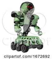 Poster, Art Print Of Cyborg Containing Round Barbed Wire Round Head And Heavy Upper Chest And Heavy Mech Chest And Six-Wheeler Base Green Tint Toon Facing Left View