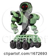 Poster, Art Print Of Cyborg Containing Round Barbed Wire Round Head And Heavy Upper Chest And Heavy Mech Chest And Six-Wheeler Base Green Tint Toon Hero Pose